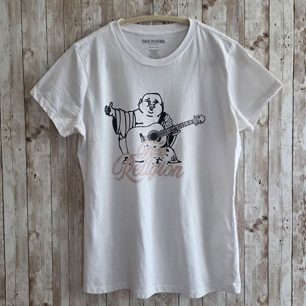 Big girls True Religion White Buddha Guitar Rose Gold Stud Short Sleeve Tee L